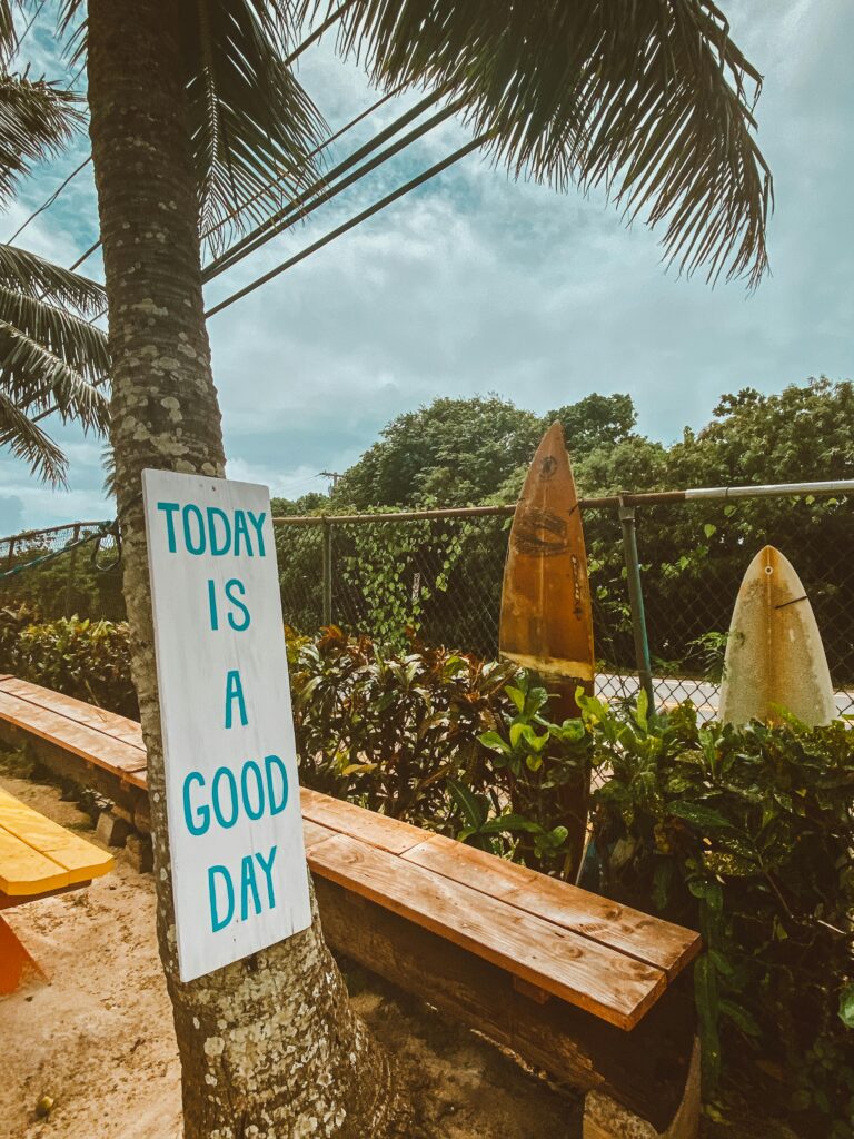 A "Today is a Good Day" sign by a palm tree, a bench and two surfboards