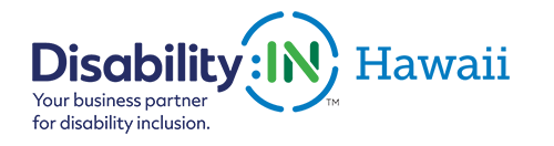 The logo for 'Disability: IN Hawaii' features the text 'Disability' in dark blue, followed by a green 'IN' within a blue circle, and then 'Hawaii' in light blue. Below, the tagline reads 'Your business partner for disability inclusion' in dark blue text.